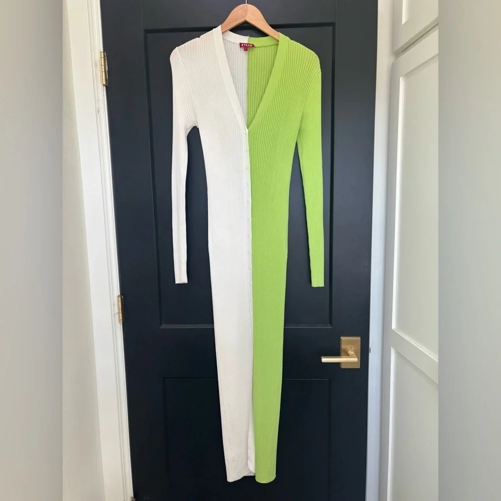 STAUD Shoko Colorblock Knit Dress Lime Green White Size Large Stretch Midi - Picture 3 of 7